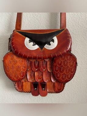 Handcrafted Brown Leather Owl Crossbody Bag